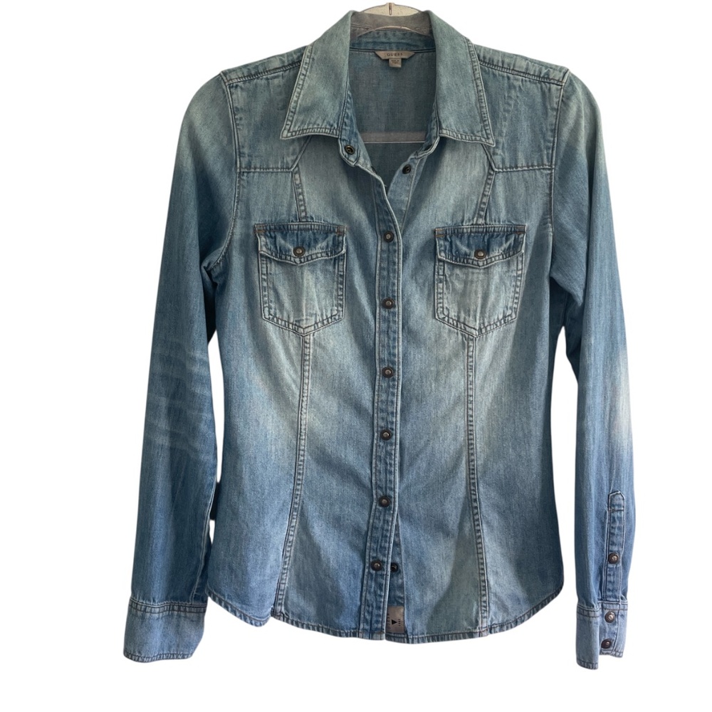 Vintage Guess Denim Western Chambray Snap Shirt - Picture 4 of 16